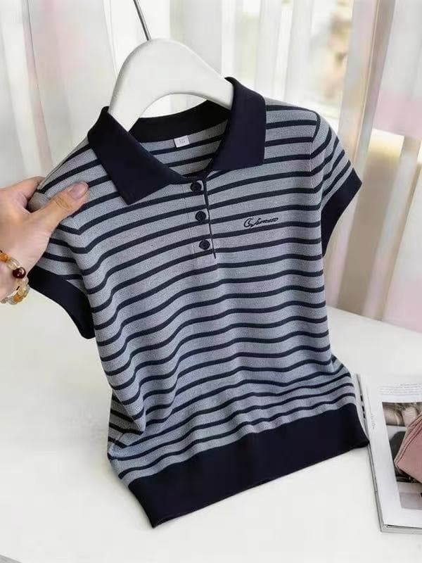 한 부서 연령 감소 POLO 칼라 스트라이프 반팔 티셔츠 여성 2026 새로운 품격 다용도 여름 작은 셔츠 느긋한 맨위 이미지 2