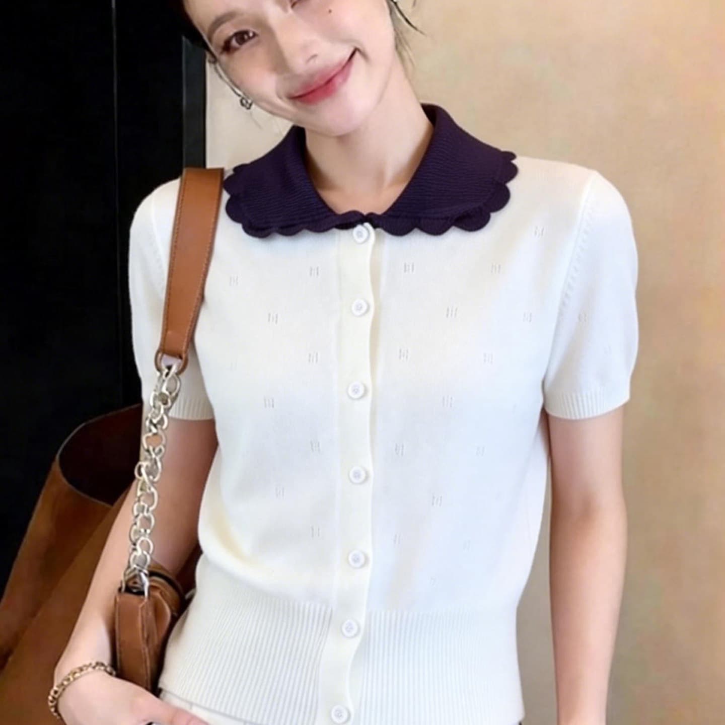 얇은 스타일 배색 폴로 칼라 홀로우 아웃 반팔 니트 스웨터 오픈 가디건 여성 2026 새로운 여름 한 부서 품격 쇼트 스타일 맨위 상세 이미지 6