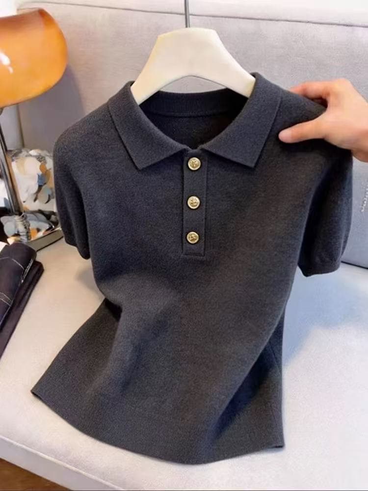 어두운 회색 POLO 칼라 반팔 티셔츠 여성 여름 얇은 스타일 빅 사이즈 지방 mm 몸매 가꾸기 슬림해 보이는 긍정적 인 어깨 출퇴근 맨위