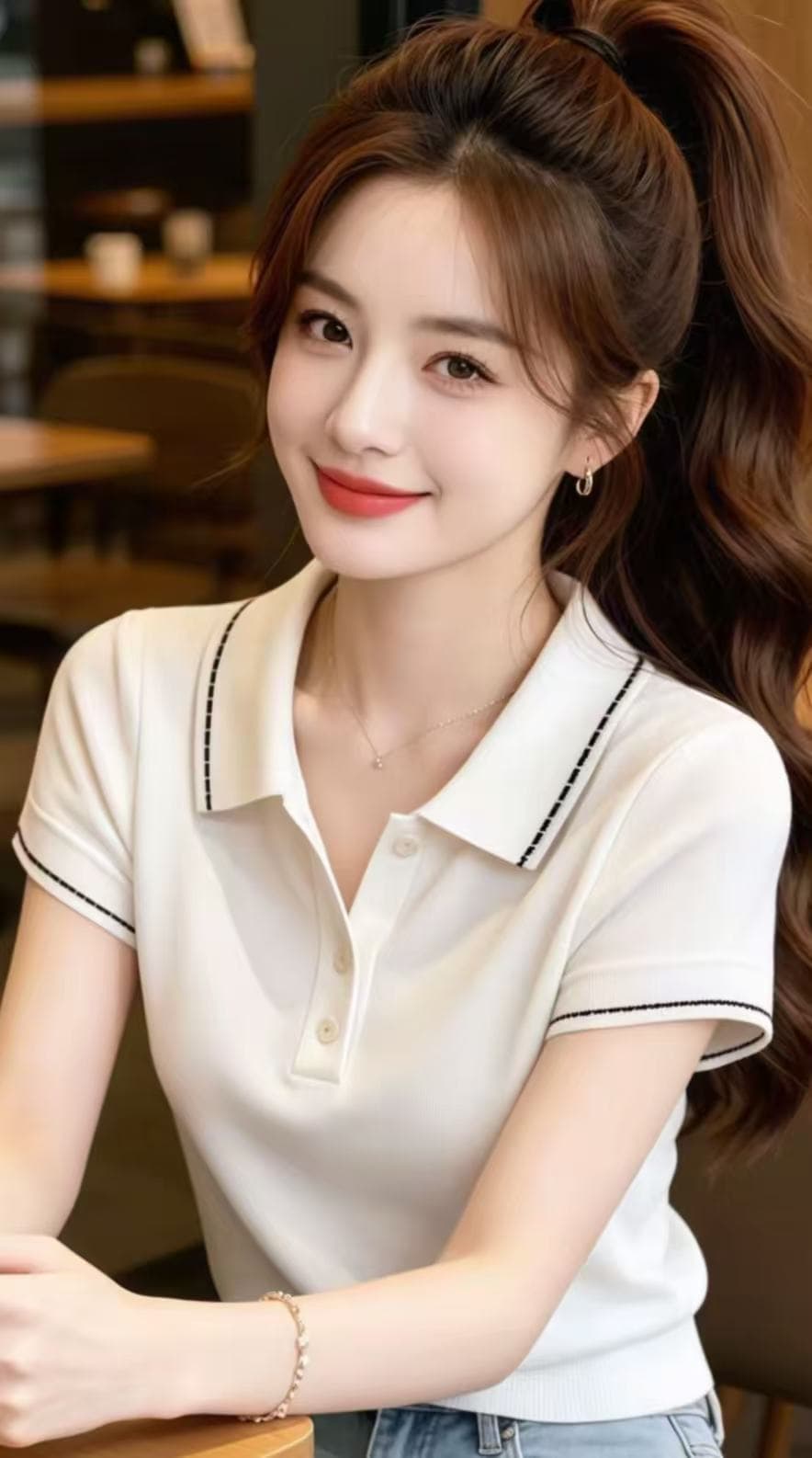 2026 여름 배색 POLO 칼라 반팔 니트 스웨터 여성 화이트 다용도 자이언트 슬림해 보이는 출퇴근 바람 디자인 센스 맨위 상세 이미지 2