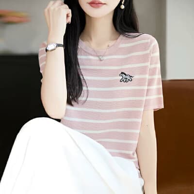 양모 혼방 바람 라운드 넥 스트라이프 반팔 티셔츠 여성 얇은 스타일 니트 스웨터 외국 가스 맨위 상세 이미지 1