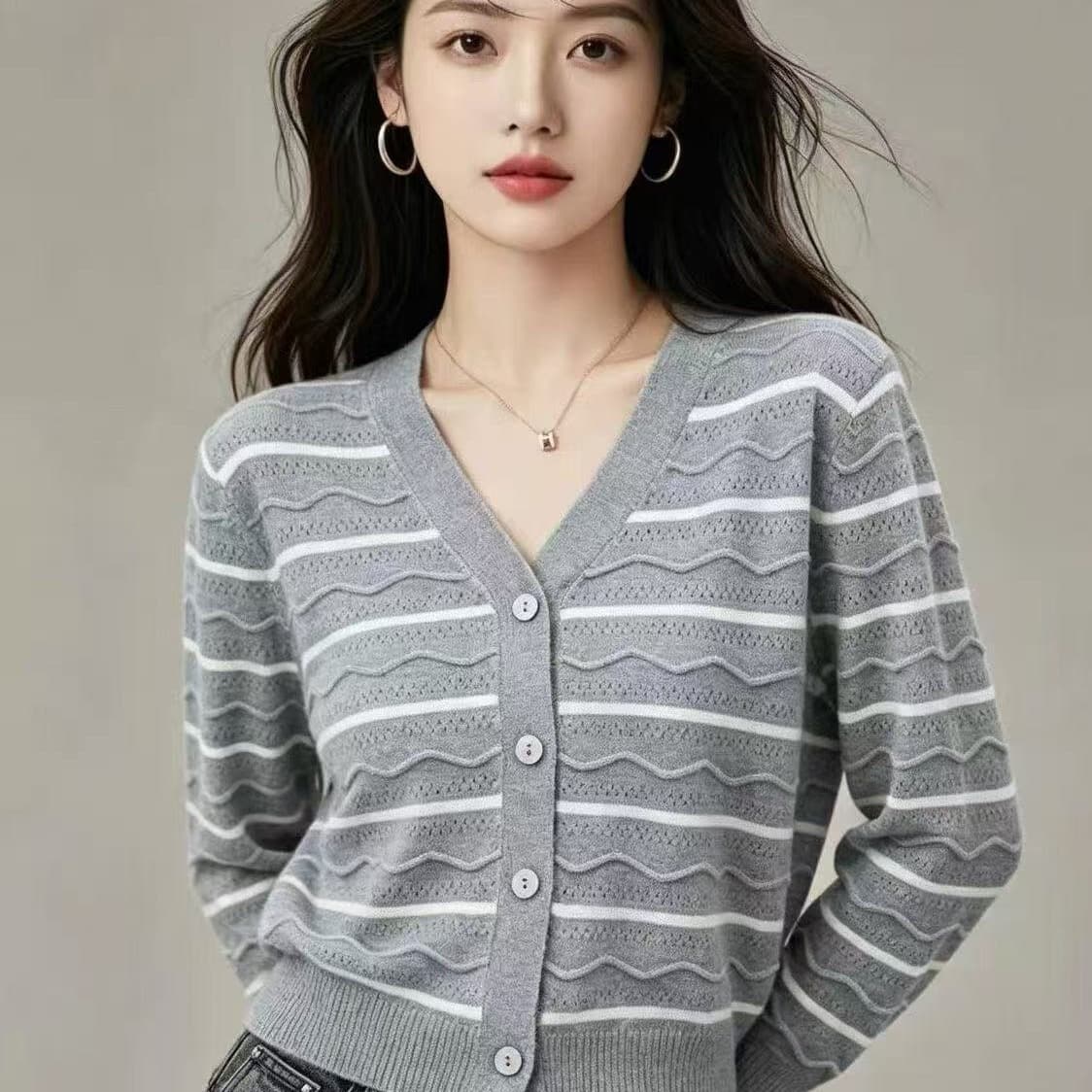 한 부서 이른 가을 착용 가져 가라. 긴팔 스트라이프 V넥 니트 스웨터 여성 2026 새로운 가을 겨울 니트 오픈 가디건 맨위 이미지 5