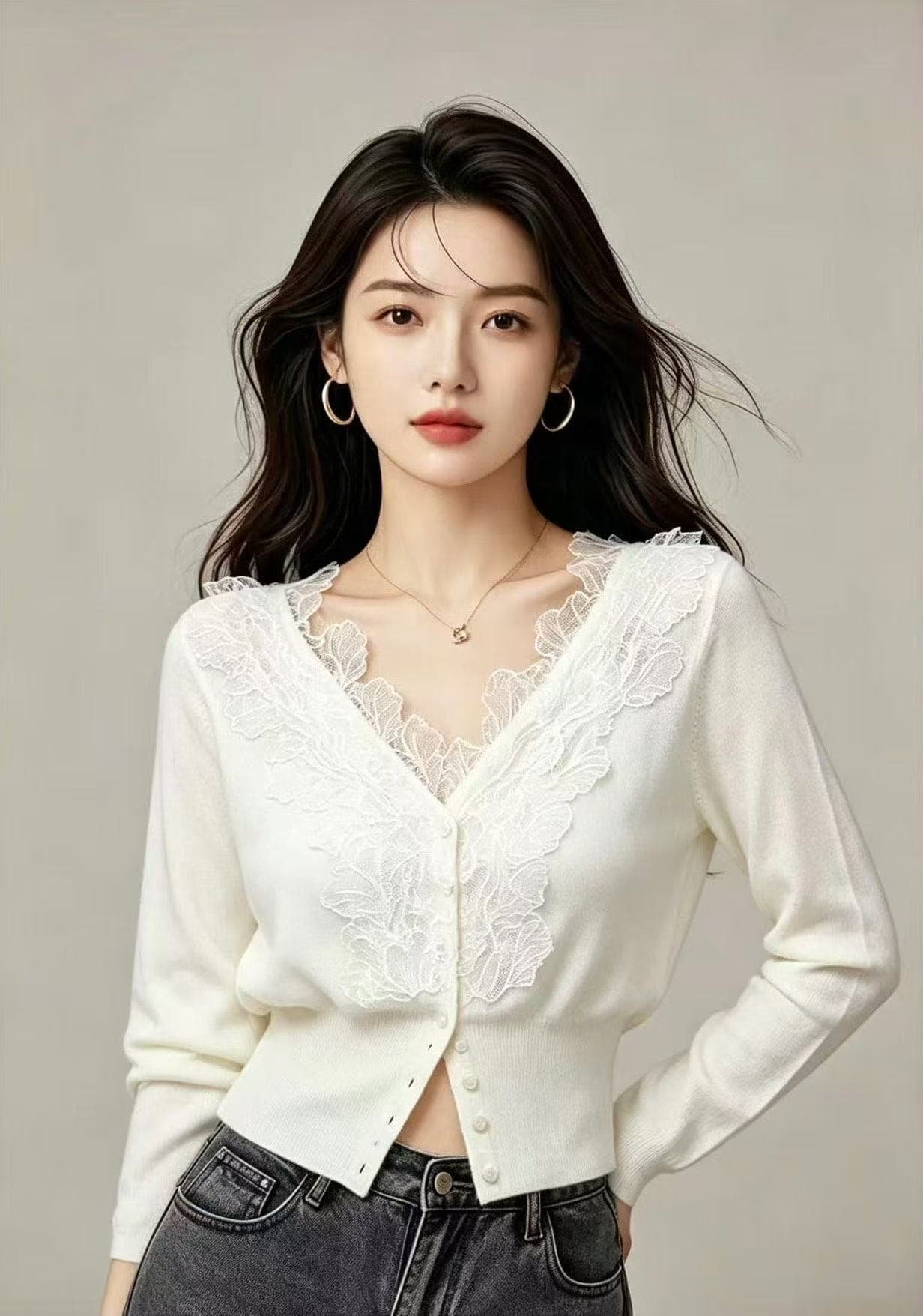 이른 가을 레이스 레이스 니트 스웨터 여성 2026 새로운 작은 샤넬 스타일 V넥 무거운 작업 디자인 센스 허리 수축 오픈 가디건 맨위 이미지 3