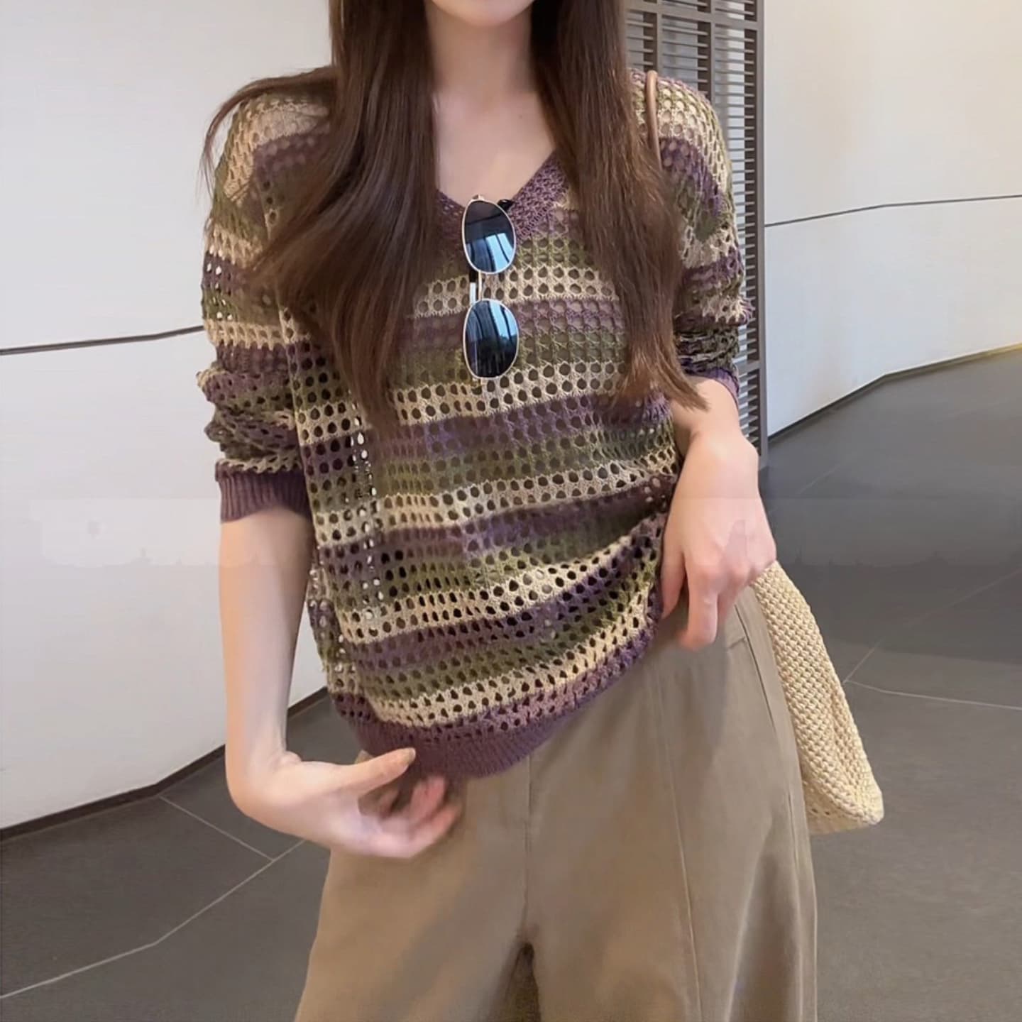 경관 그림 봄 가을 새로운 고급 센스 다용도 스트라이프 배색 니트 스웨터 와이드 레그 팬츠 투피스 세트 상세 이미지 4