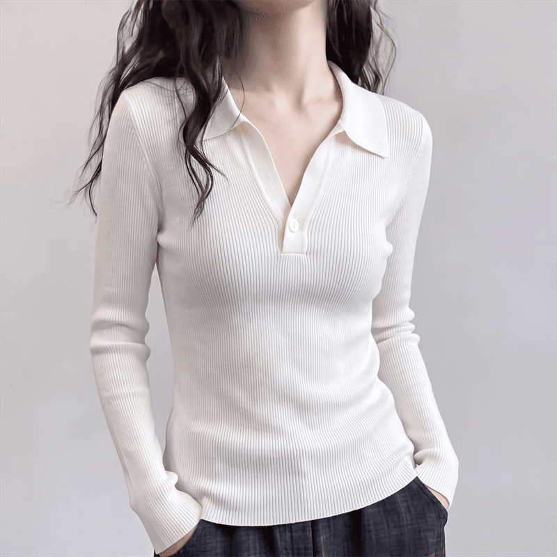 화이트 POLO 칼라 긴팔 니트 스웨터 인사이드 가져 가라. 가을 2026 새로운 빅 사이즈 여성 의류 지방 mm 몸매 가꾸기 티셔츠 맨위 이미지 2