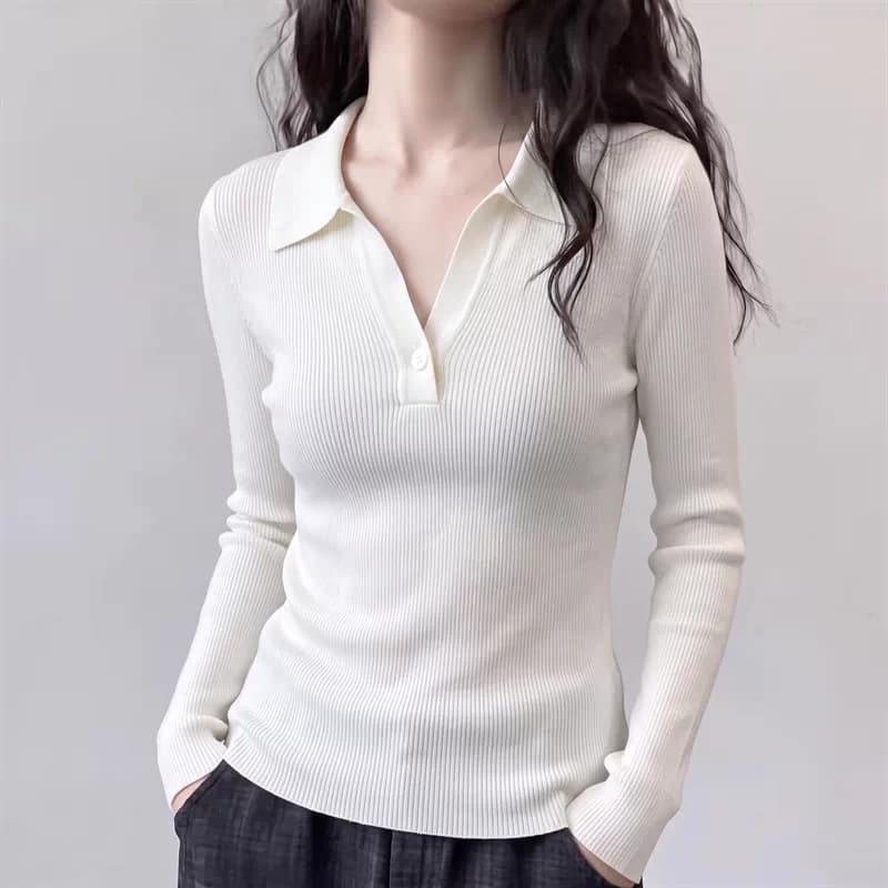 화이트 POLO 칼라 긴팔 니트 스웨터 인사이드 가져 가라. 가을 2026 새로운 빅 사이즈 여성 의류 지방 mm 몸매 가꾸기 티셔츠 맨위 상세 이미지 1