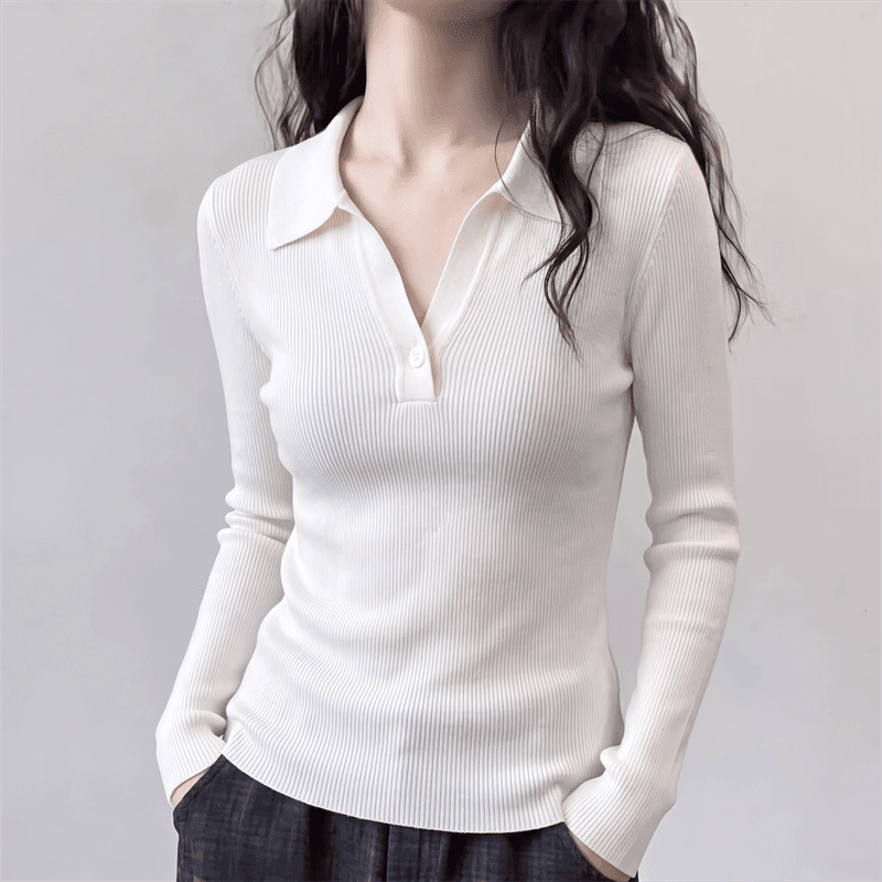 화이트 POLO 칼라 긴팔 니트 스웨터 인사이드 가져 가라. 가을 2026 새로운 빅 사이즈 여성 의류 지방 mm 몸매 가꾸기 티셔츠 맨위 상세 이미지 3