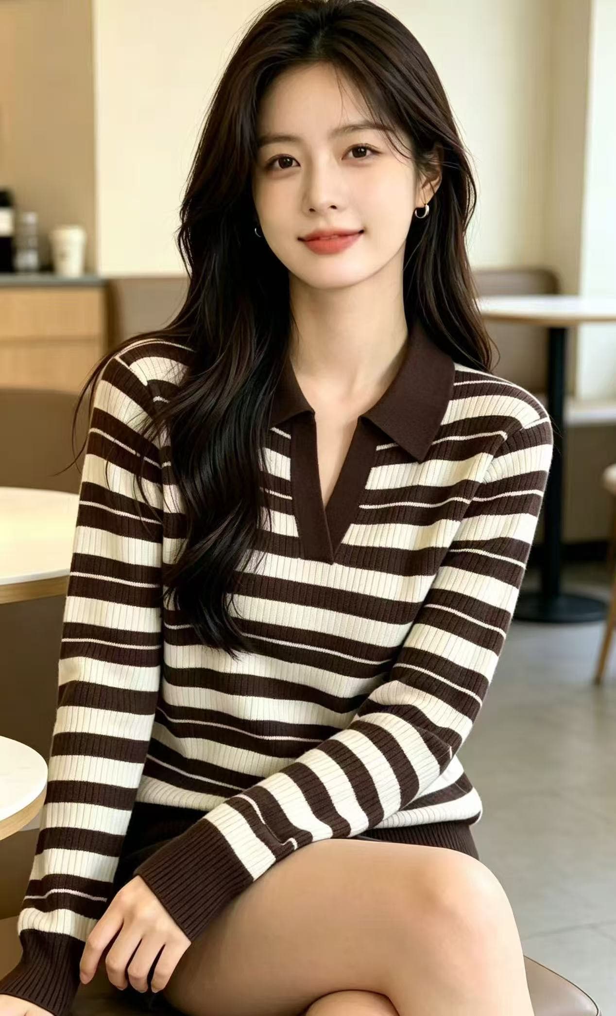 프랑스식 레트로 스트라이프 배색 칼라 긴팔 맨위 여성 의류 이른 가을 새로운 몸매 가꾸기 슬림해 보이는 니트 기본 셔츠 이미지 3