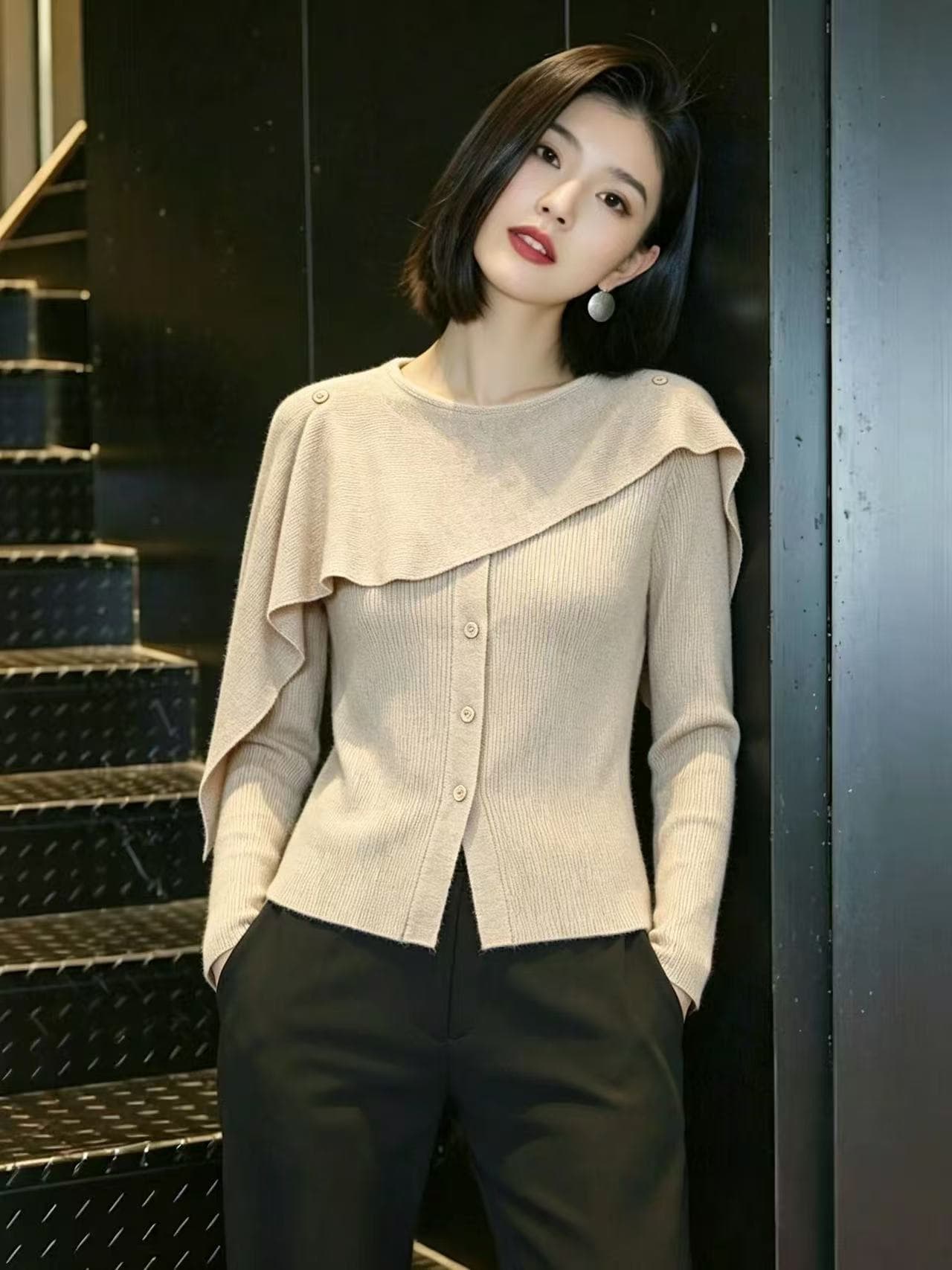 한 부서 착용 가져 가라. 회색 숄 니트 기본 셔츠 여성 가을 겨울철 작은 대중 디자인 센스 트임 밑단 긴팔 맨위 상세 이미지 4