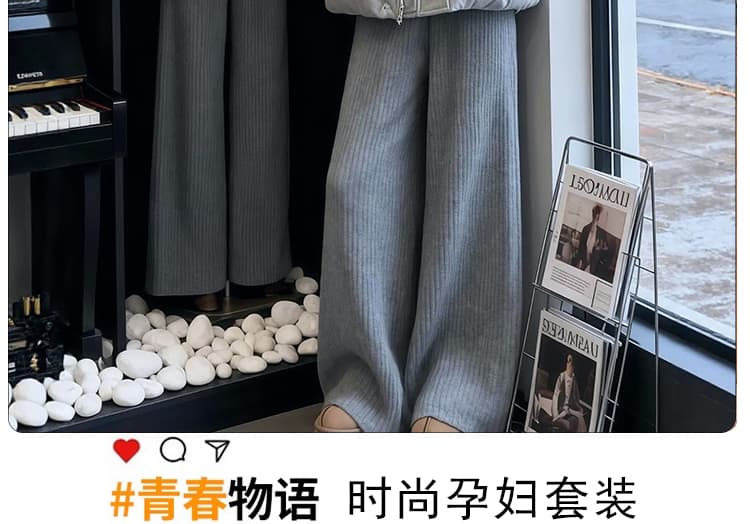 출산 착용 2026 년 한 스타일 부드러운 느긋한 바람 폴로 칼라 스웨터 오픈 가디건 회색 넓은 다리 길이 바지 l 투피스 슈트 상세 이미지 2