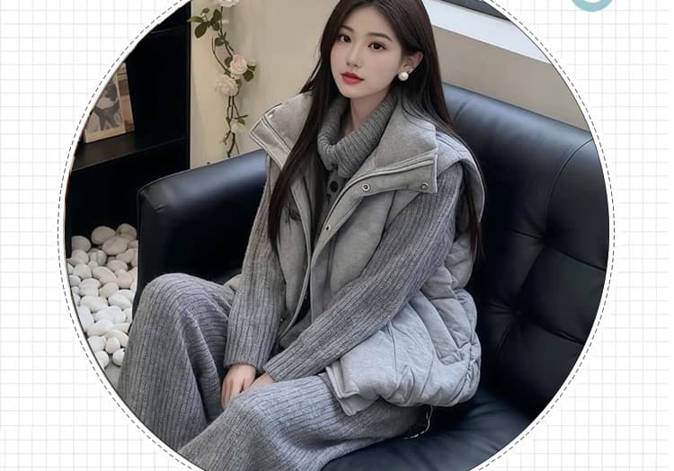 출산 착용 2026 년 한 스타일 부드러운 느긋한 바람 폴로 칼라 스웨터 오픈 가디건 회색 넓은 다리 길이 바지 l 투피스 슈트 상세 이미지 4