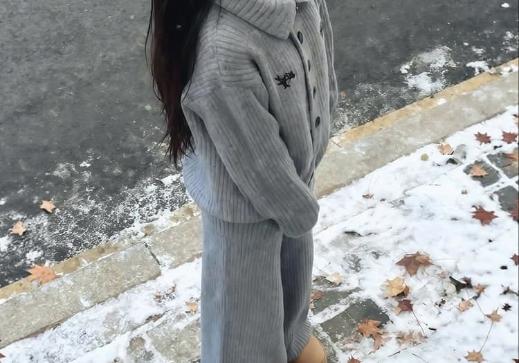 출산 착용 2026 년 한 스타일 부드러운 느긋한 바람 폴로 칼라 스웨터 오픈 가디건 회색 넓은 다리 길이 바지 l 투피스 슈트 상세 이미지 18