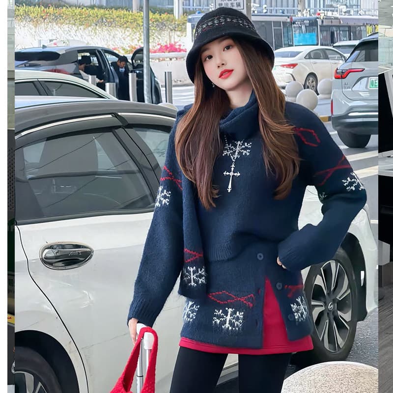 출산 착용 고유 한 아름다운 가을 겨울 의류 전체 집합 작은 샤넬 스타일 스웨터 니트 스카프 반신 치마 세 조각 세트 이미지 5