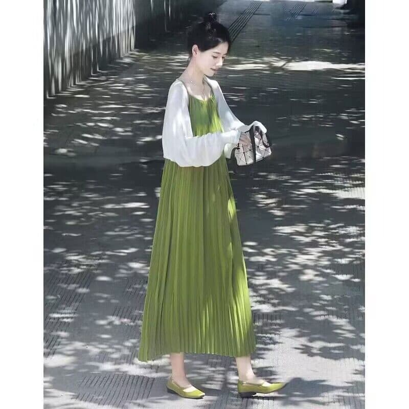 출산 착용 녹색 슬립 드레스 아이들 여름 아름다운 자외선 차단 블라우스 여름 도파민 여행 세트 이른 가을 이미지 3