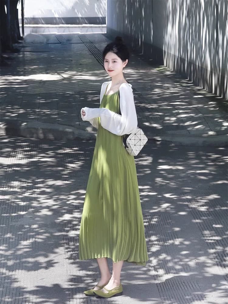 출산 착용 녹색 슬립 드레스 아이들 여름 아름다운 자외선 차단 블라우스 여름 도파민 여행 세트 이른 가을 상세 이미지 3