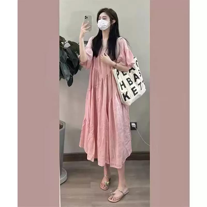 출산 착용 2026 품격 핑크색 요정 치마 여름 지방 mm 루즈핏 연령 감소 슬림해 보이는 표지 배 여성 드레스 이미지 2