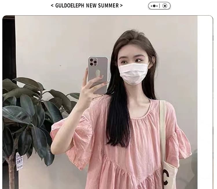 출산 착용 서리가 내린 바람 핑크색 차 휴식 치마 여름 계절 2026 년 새로운 주름 디자인 센스 거품 소매 드레스 상세 이미지 1