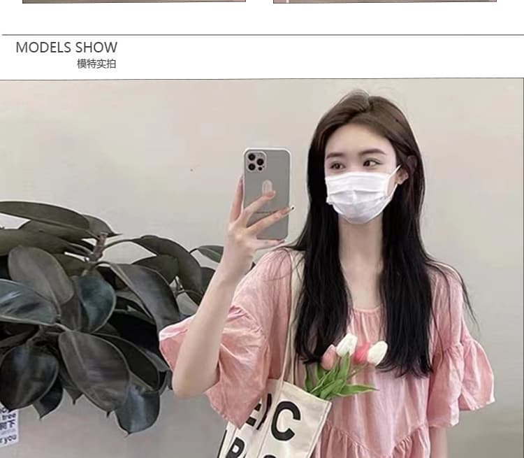 출산 착용 서리가 내린 바람 핑크색 차 휴식 치마 여름 계절 2026 년 새로운 주름 디자인 센스 거품 소매 드레스 상세 이미지 12