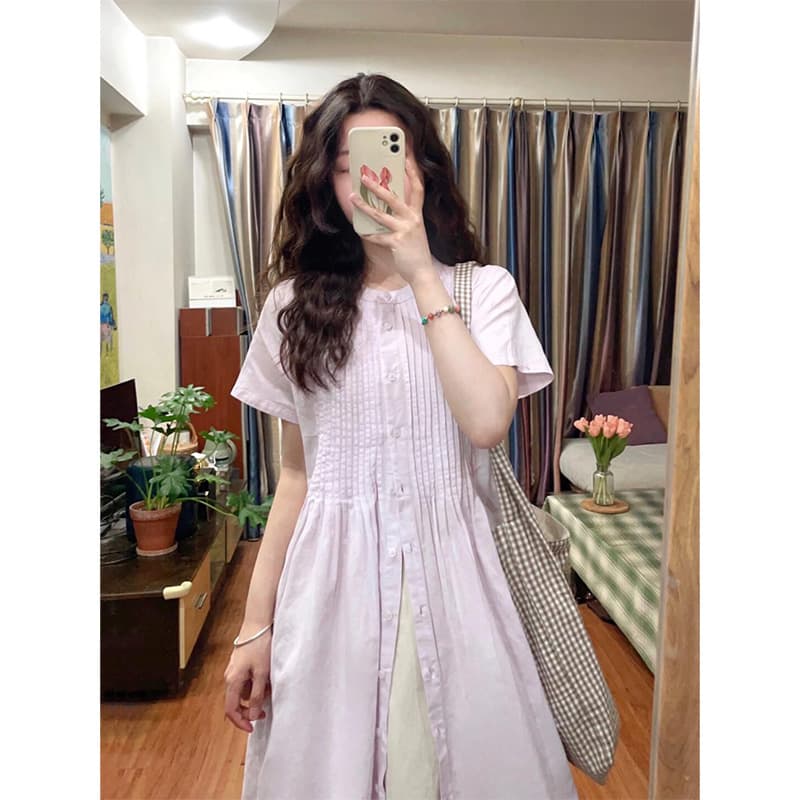 출산 착용 보라색 드레스 일본식 장기 Pleat 치마 2026 새로운 여름 라운드 넥 롱 코트 A라인 스커트 이미지 3