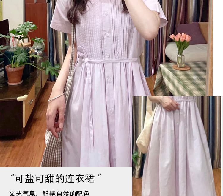 출산 착용 보라색 드레스 일본식 장기 Pleat 치마 2026 새로운 여름 라운드 넥 롱 코트 A라인 스커트 상세 이미지 6