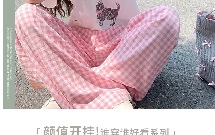 지금 출산 착용 2026 년 여름 새로운 반팔 프린트 만화 티셔츠 핑크색 체크무늬 캐주얼 바지 투피스 세트 상세 이미지 9