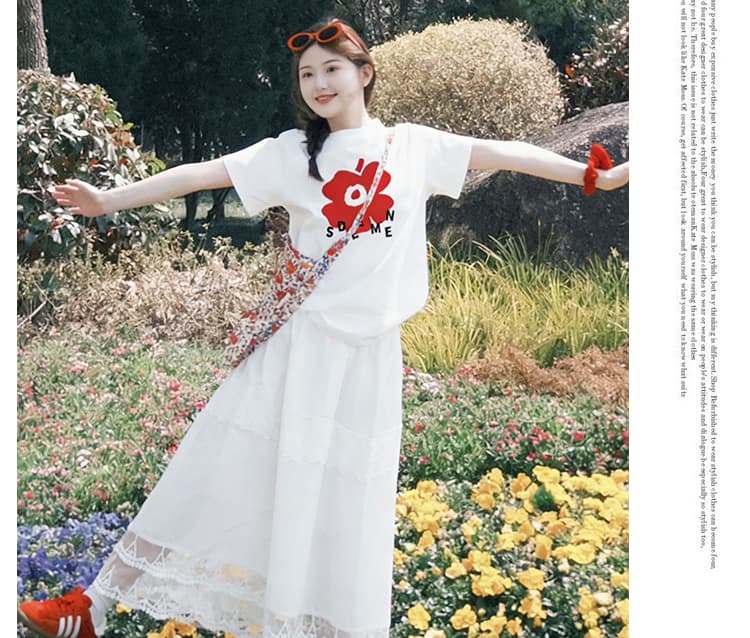 지금 2026 년 여름 빨간색 루즈핏 프린트 순면 반팔 화이트 맨위 화이트 복부 지지 반신 스커트 상세 이미지 13