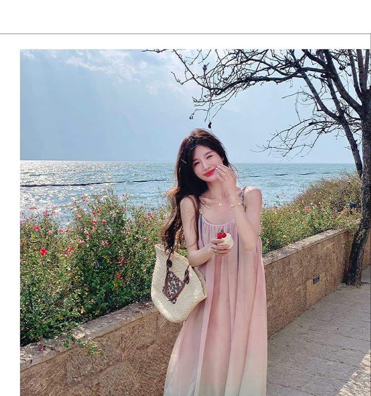 프랑스식 낭만주의 해변가 휴가 도파민 그라데이션 패치워크 색상 여성 드레스 여름 2026 새로운 아름다운 슬립 드레스 상세 이미지 10