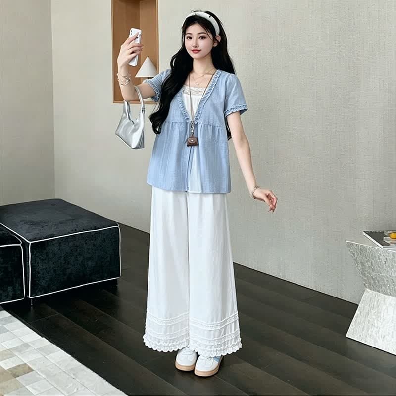 지금 실사 2026 년 여름 새로운 프릴 반팔 파란색 셔츠 맨위 화이트 와이드 레그 팬츠 투피스 세트 이미지 2