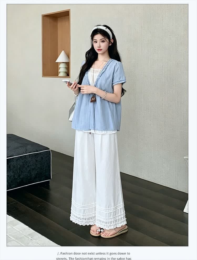 지금 지금 실사 2026 년 여름 착용 가져 가라. 전체 집합 빅 사이즈 지방 mm 가짜 두 조각 셔츠 레이스 와이드 레그 팬츠 세트 상세 이미지 8