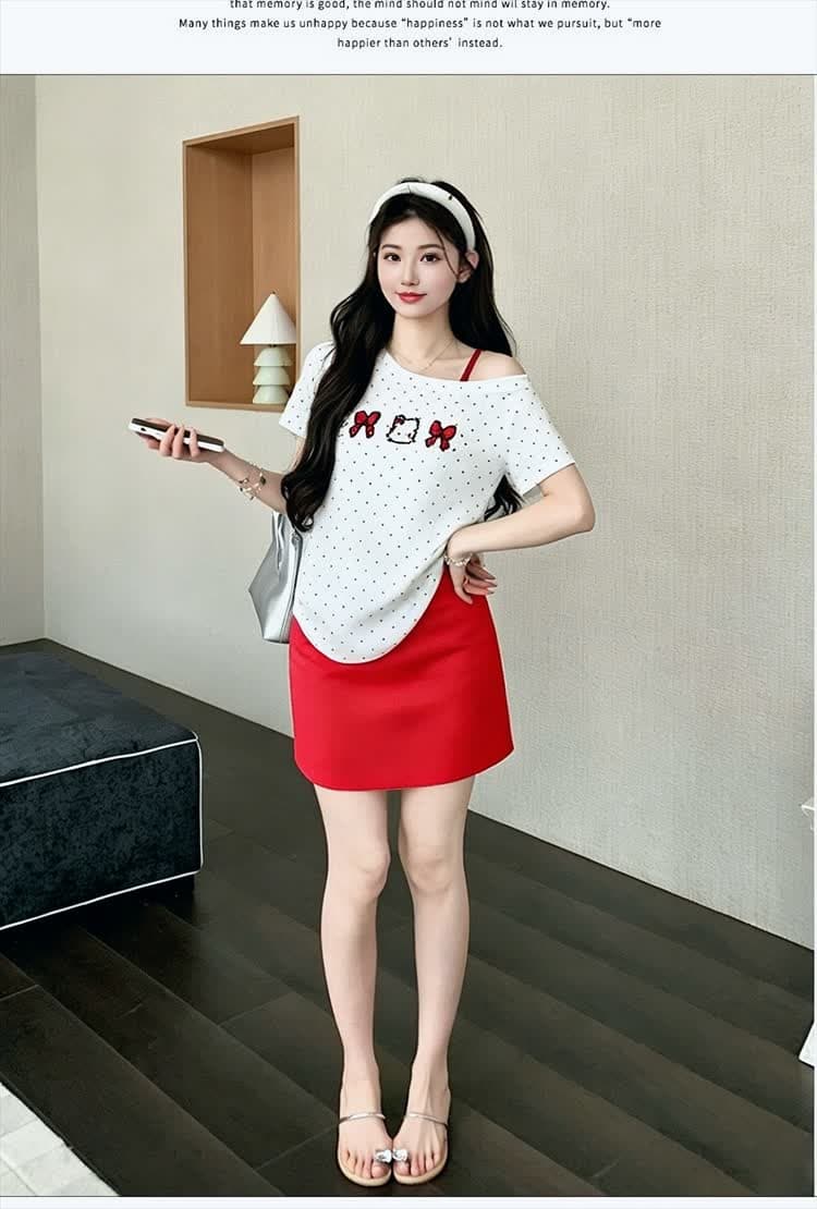 실사 지금 지금 2026 년 여름 신제품 도트 무늬 오프숄더 티셔츠 맨위 빨간색 플러스 가슴 패드 슬립 드레스 상세 이미지 11