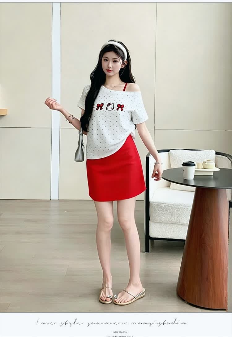 실사 지금 지금 2026 년 여름 신제품 도트 무늬 오프숄더 티셔츠 맨위 빨간색 플러스 가슴 패드 슬립 드레스 상세 이미지 12