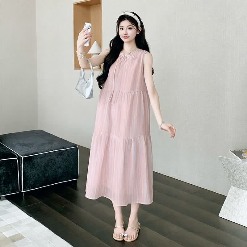 실사 지금 지금 2026 년 여름 새로운 작은 요정 달콤함 핑크색 목이버섯 레이스업 칼라 민소매 드레스 이미지 5