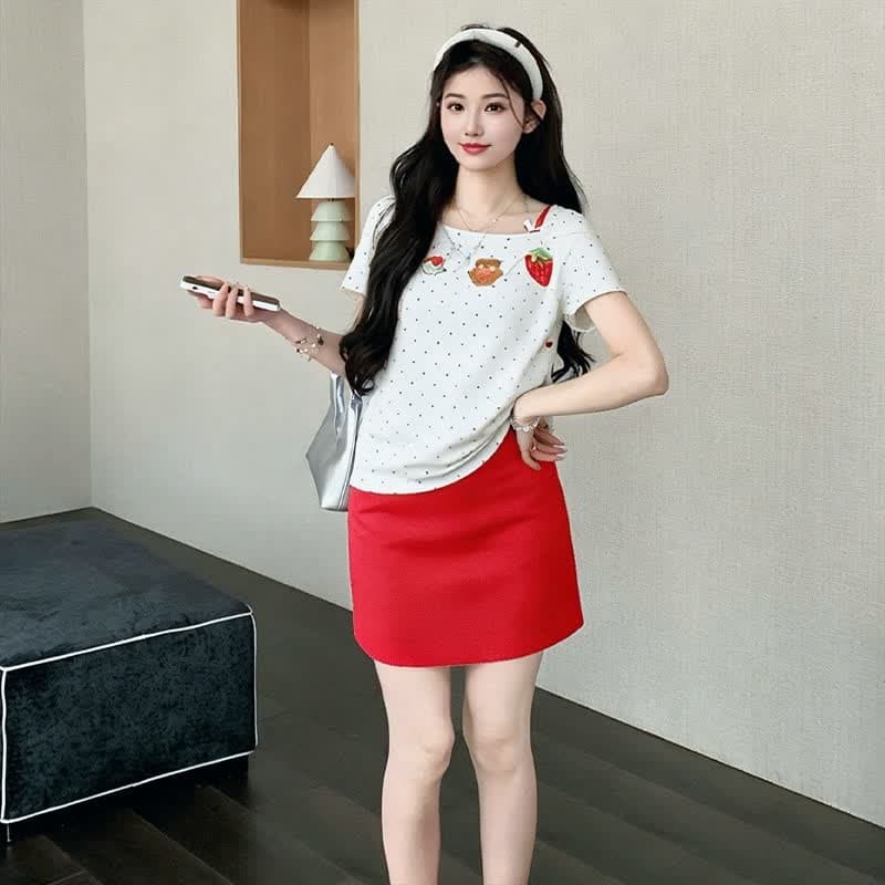 실사 2026 년 여름 신제품 작은 곰 딸기 도트 무늬 오프숄더 티셔츠 맨위 빨간색 슬립 드레스 투피스 세트 이미지 5