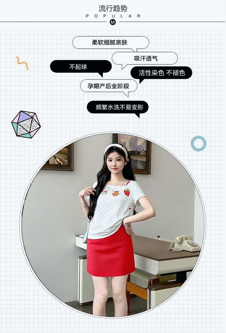 실사 2026 년 여름 신제품 작은 곰 딸기 도트 무늬 오프숄더 티셔츠 맨위 빨간색 슬립 드레스 투피스 세트 상세 이미지 2