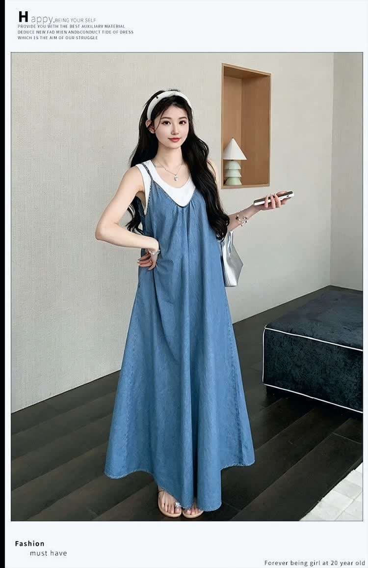 실사 2026 년 여름 신제품 한국 스타일 유럽과 미국 스타일 매운맛 엄마 패션 화이트 조끼 파란색 데님 슬립 드레스 상세 이미지 14