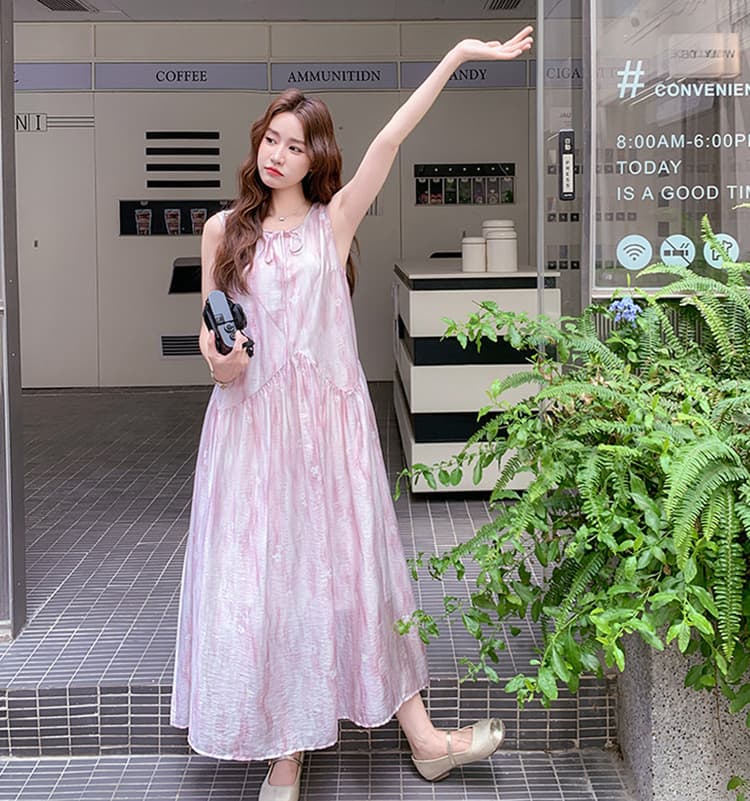 부드러운 바람 분말 색 후광 염색 민소매 조끼 임산부 드레스 2026 새로운 프랑스식 품격 루즈핏 한 마디 롱 스커트 상세 이미지 13