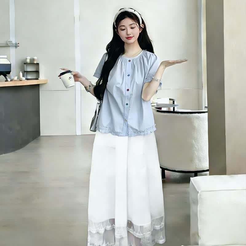 실사 재고 있음 2026 새로운 한 부서 라운드 넥 색상 버클 프릴 소매 셔츠 맨위 화이트 복부 지지 반신 스커트 이미지 4