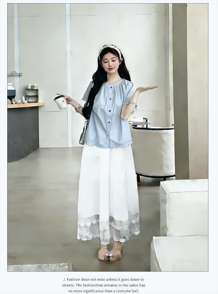 실사 재고 있음 2026 새로운 한 부서 라운드 넥 색상 버클 프릴 소매 셔츠 맨위 화이트 복부 지지 반신 스커트 상세 이미지 8