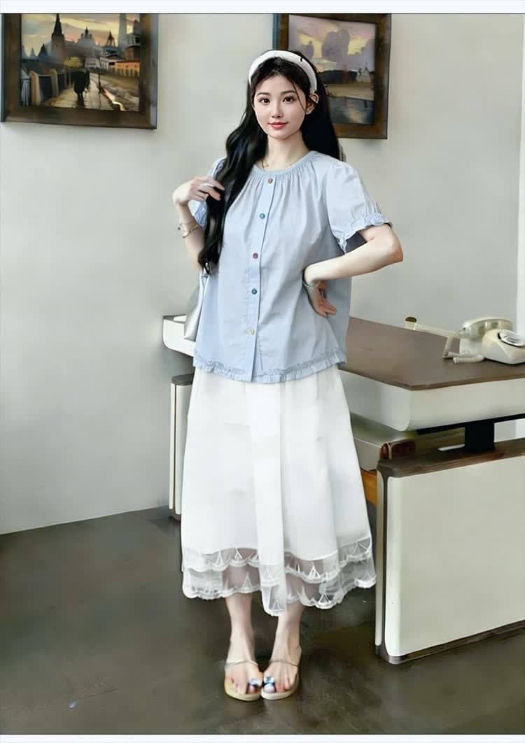 실사 재고 있음 2026 새로운 한 부서 라운드 넥 색상 버클 프릴 소매 셔츠 맨위 화이트 복부 지지 반신 스커트 상세 이미지 11