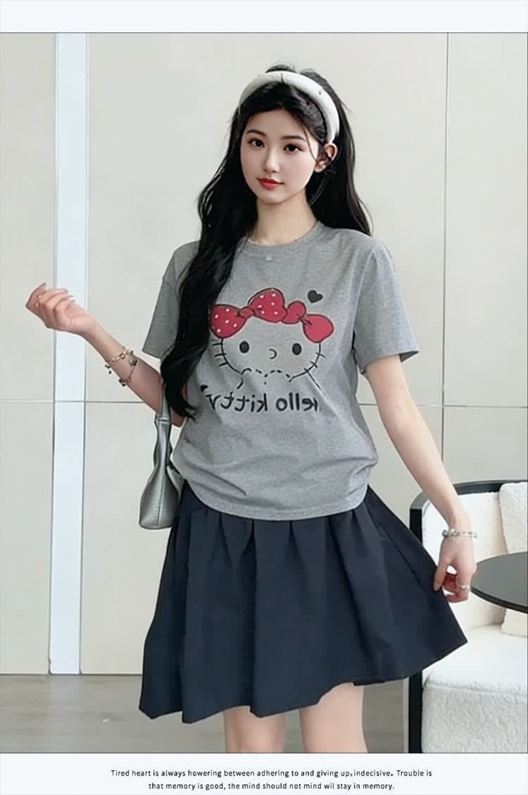 실사 재고 있음 2026 년 여름 새로운 화이트 티셔츠 만화 프린트 반팔 파란색 반신 스커트 투피스 세트 상세 이미지 10