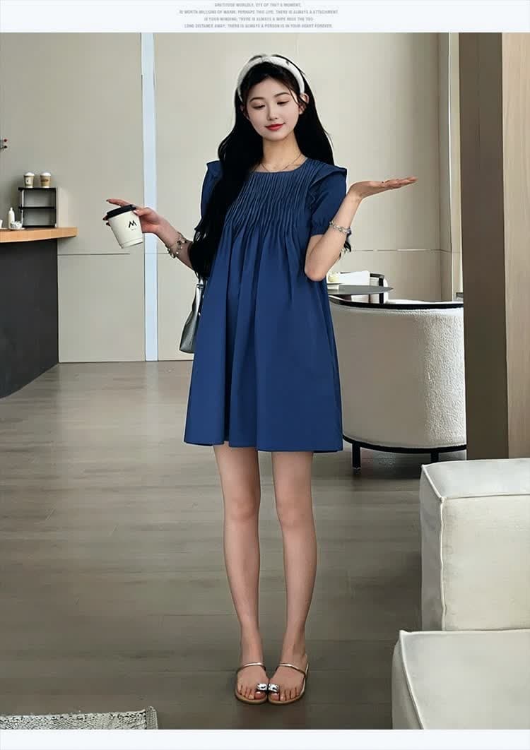 재고 있음 2026 새로운 프랑스식 패션 외국 가스 루즈핏 연령 감소 작은 키 파란색 Feifei 소매 드레스 상세 이미지 15