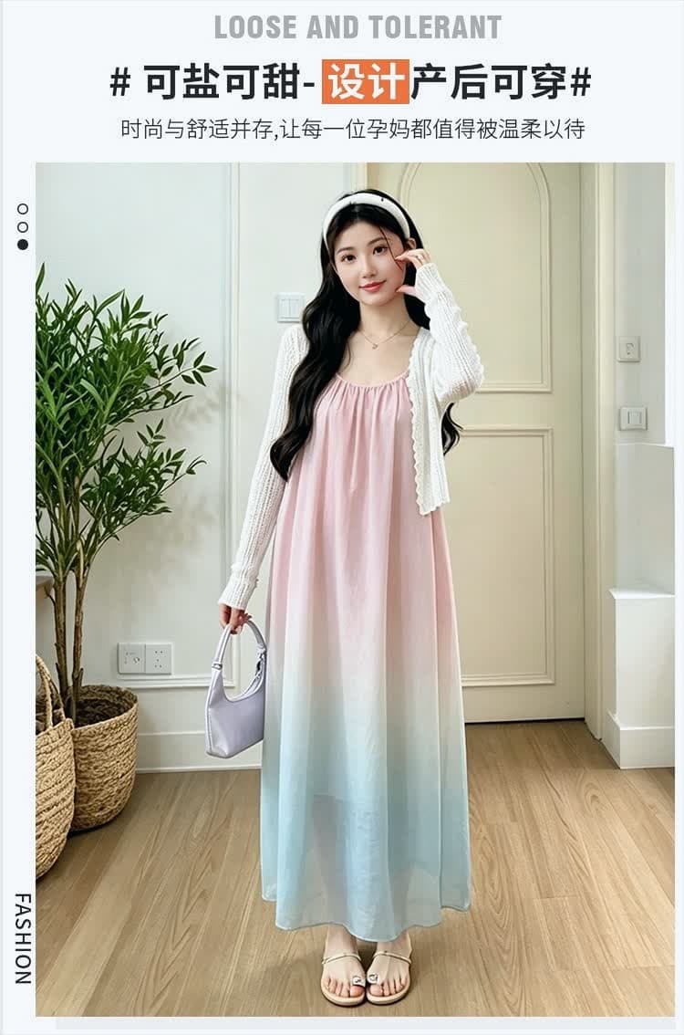 실사 2026 년 임산부 세트 봄 여름 패션 긴팔 카디건 코트 주름 그라데이션 슬립 드레스 투피스 세트 상세 이미지 4