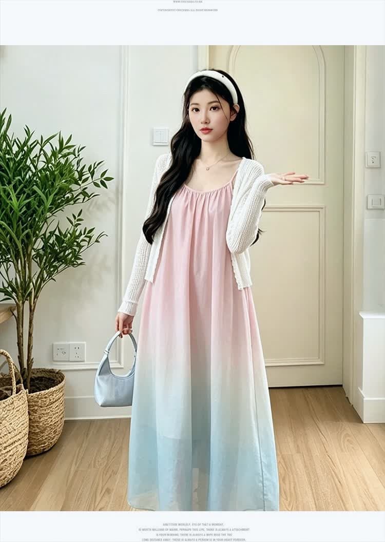 실사 2026 년 임산부 세트 봄 여름 패션 긴팔 카디건 코트 주름 그라데이션 슬립 드레스 투피스 세트 상세 이미지 16