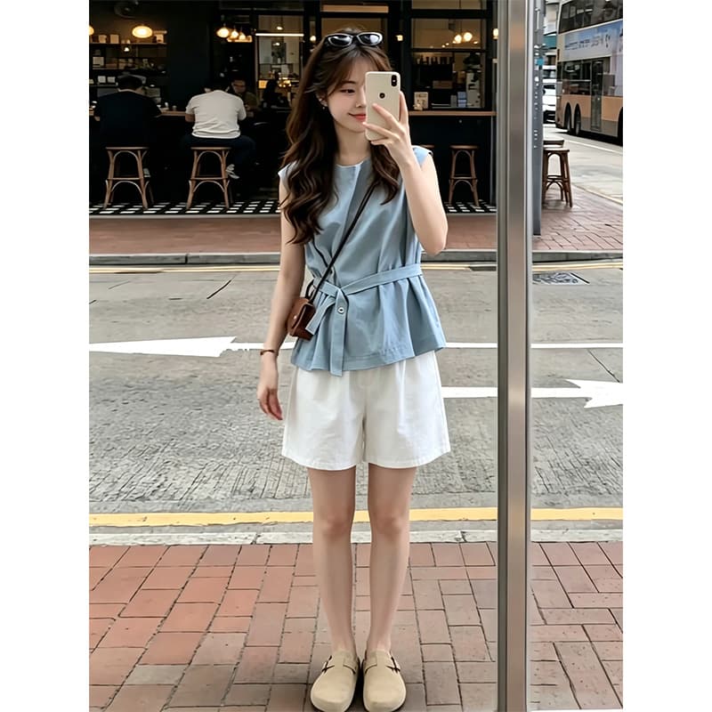 한 부서 그레이트 통해보기 가져 가라. 전체 집합 2026 새로운 파란색 조끼 맨위 여름 화이트 복부 지지 반바지 세트 이미지 2