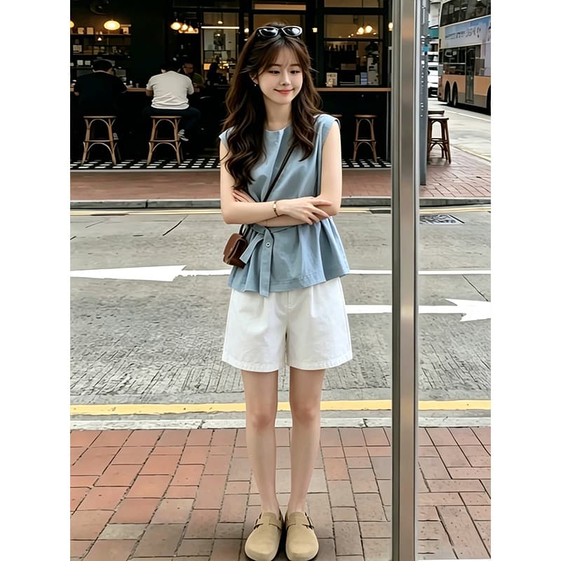 여름 드레스 착용 가져 가라. 전체 집합 빅 사이즈 지방 mm 두 조각 민소매 맨위 화이트 복부 지지 반바지 캐주얼 연령 감소 투피스 세트 이미지 4