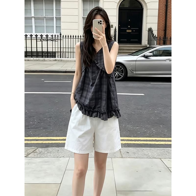 2026 슈퍼 화재 연령 감소 ootd 착용 가져 가라. 에이즈 환자 여성 세트 여름 민소매 조끼 맨위 화이트 복부 지지 반바지 세트 이미지 3