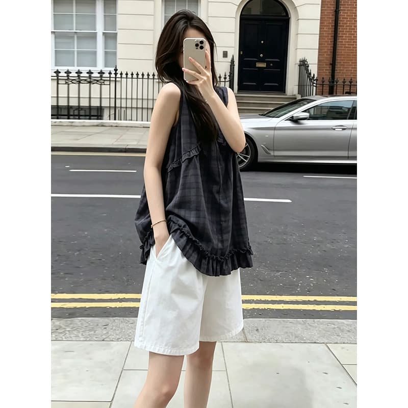2026 슈퍼 화재 연령 감소 ootd 착용 가져 가라. 에이즈 환자 여성 세트 여름 민소매 조끼 맨위 화이트 복부 지지 반바지 세트 이미지 5