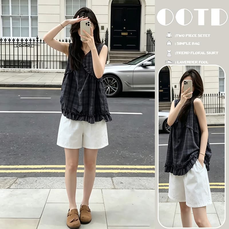 2026 슈퍼 화재 연령 감소 ootd 착용 가져 가라. 에이즈 환자 여성 세트 여름 민소매 조끼 맨위 화이트 복부 지지 반바지 세트