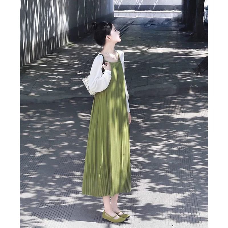 임신 로드 중 녹색 연기 프랑스식 작은 청신 임산부 점프 슈트 치마 세트 여름 슬립 드레스 오픈 가디건 투피스 세트 이미지 3