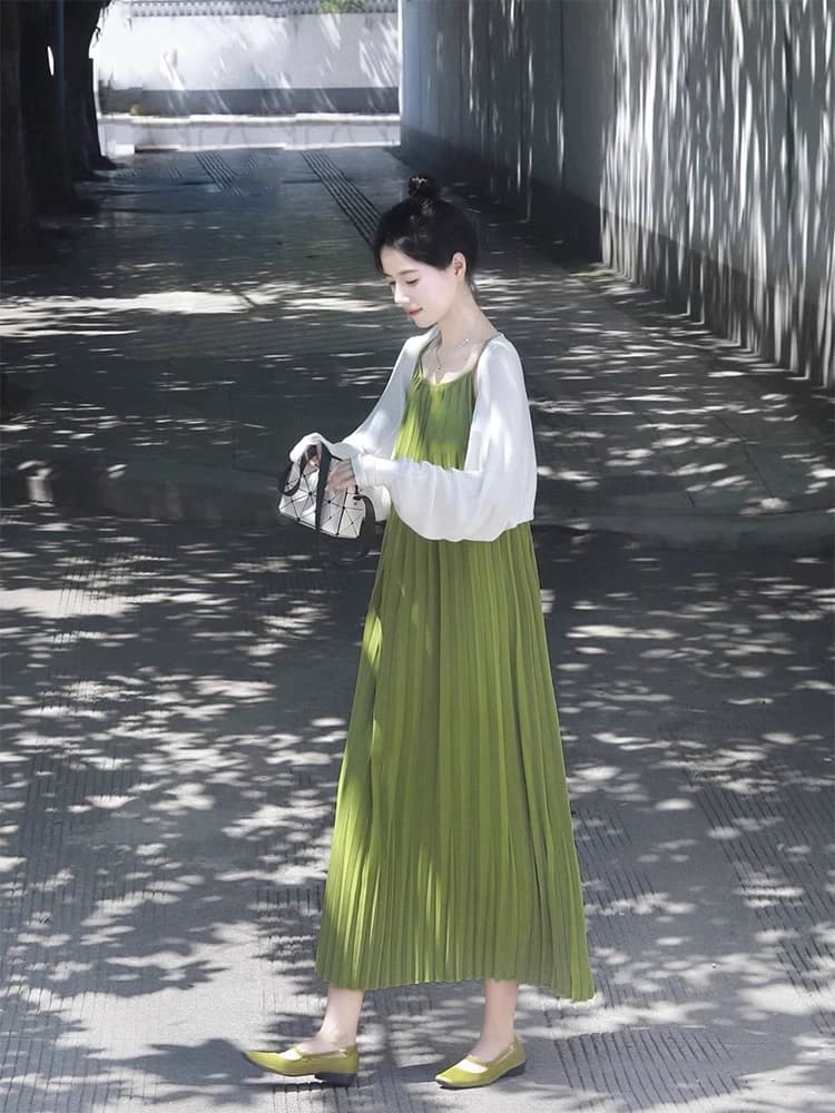 임신 로드 중 녹색 연기 프랑스식 작은 청신 임산부 점프 슈트 치마 세트 여름 슬립 드레스 오픈 가디건 투피스 세트 상세 이미지 5